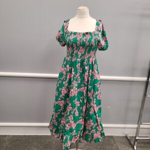 J. Crew Smocked Green Dress with Pink Floral Pattern